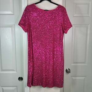 MSK Hot Pink Women’s Sequin Short Sleeve Shift Dress Size Large